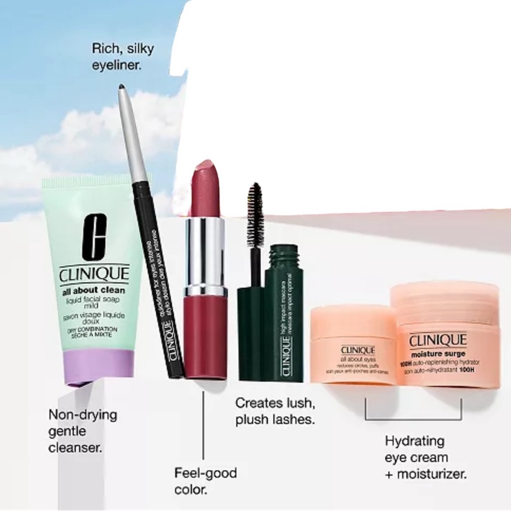 BNWT 6 pc In sealed bag Clinique Skincare & Makeup Bundle Set Lipstick, Mascara